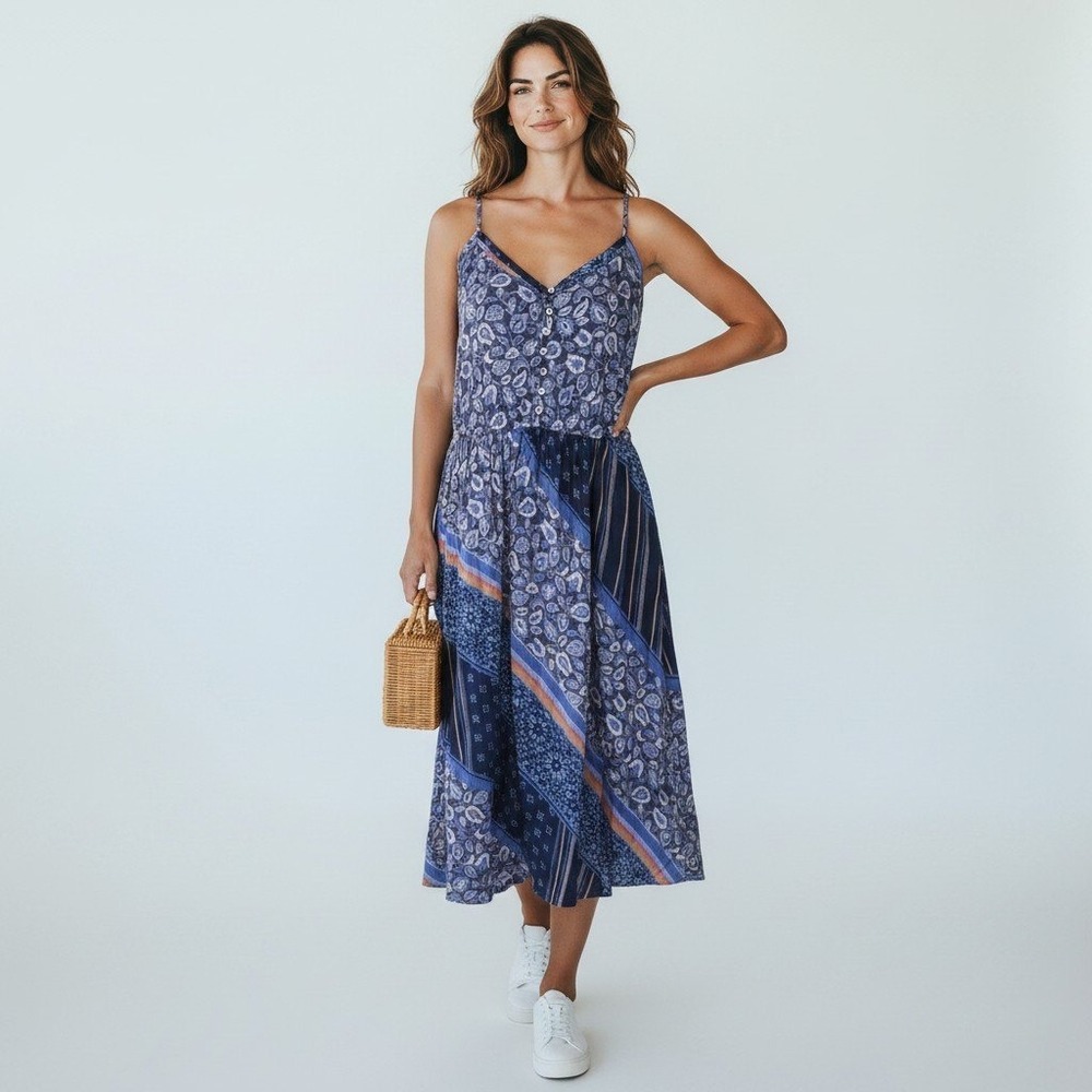 Aerie Blue Paisley Patchwork V-Neck Sundress cottagecore Beachy boho chic SZ XL